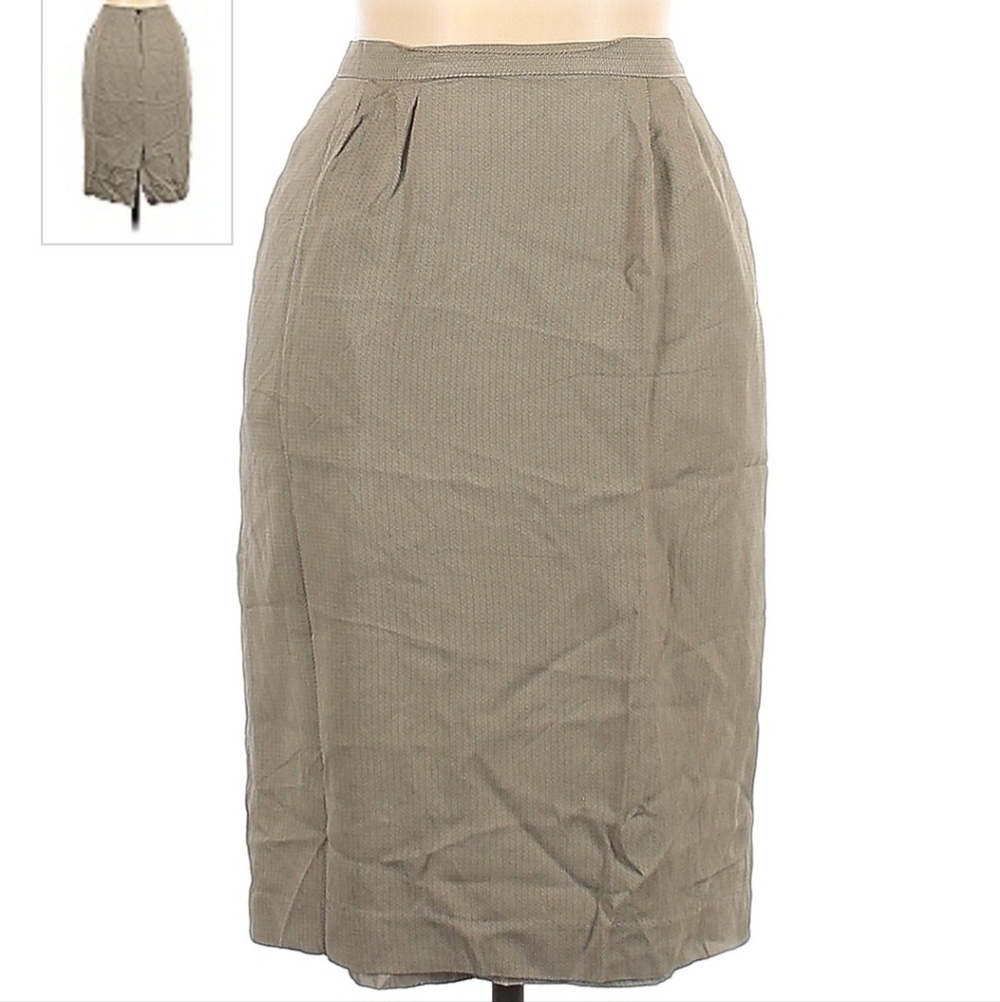 Vintage Sasson Pleated Waist Back Slit Lined Tan Micro-Chevron Pencil Skirt EUC